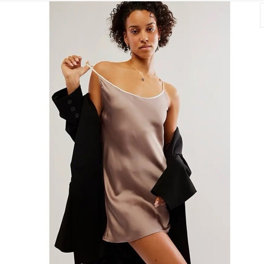 Free People Silky Taupe Slip Dress with Contrast Trim
